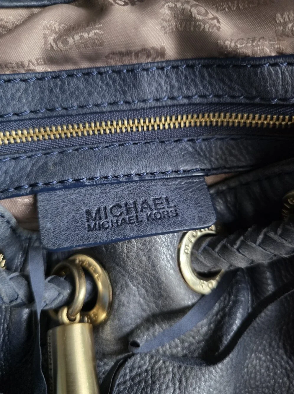 Michael Kors Large Slouchy Hobo Bag Slate Blue Pebbled Leather Braided Tassel
